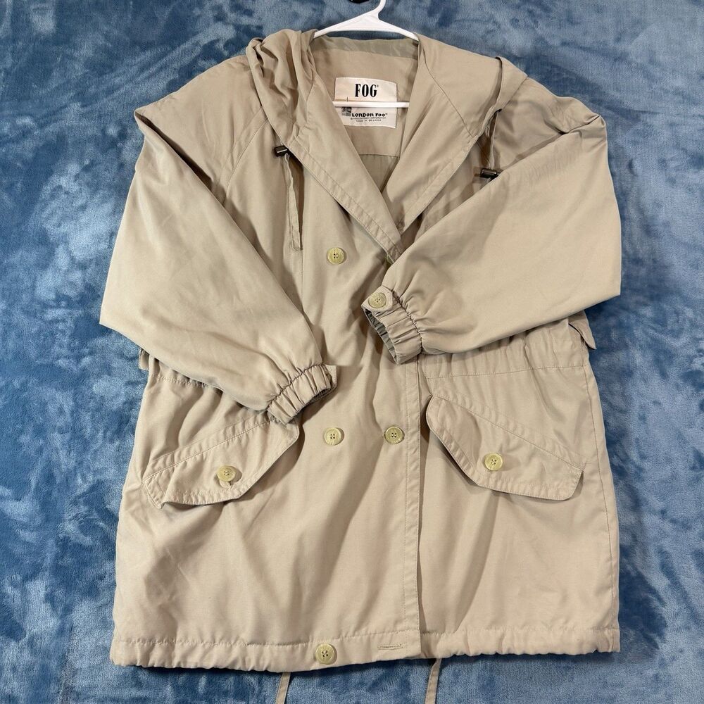 Vtg London Fog Hooded Rain Jacket Coat XS Petite Tan Beige Anorak Drawstring
